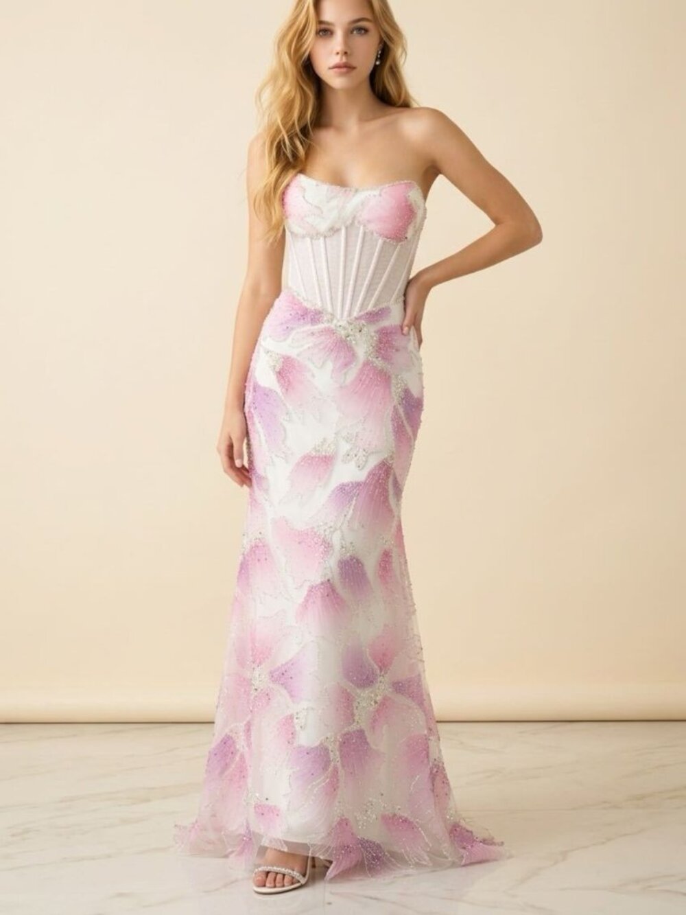 Couture Lee Pink Floral Beaded Mermaid Gown Size 0 NWT